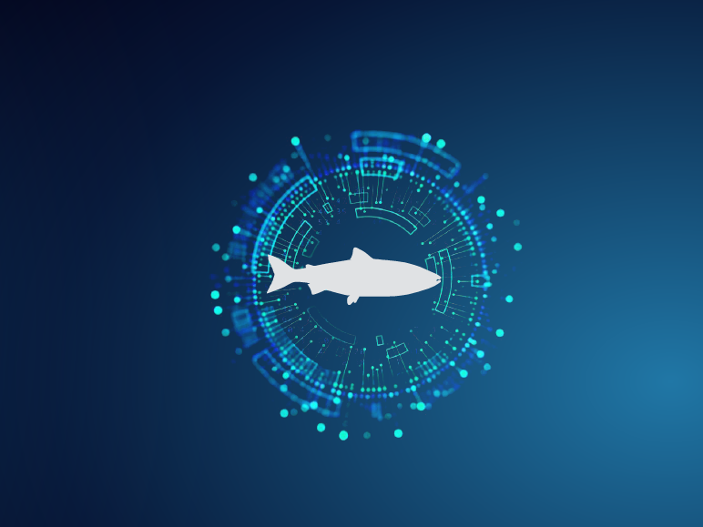 A fish outline illustration with digital icons in a circle around it