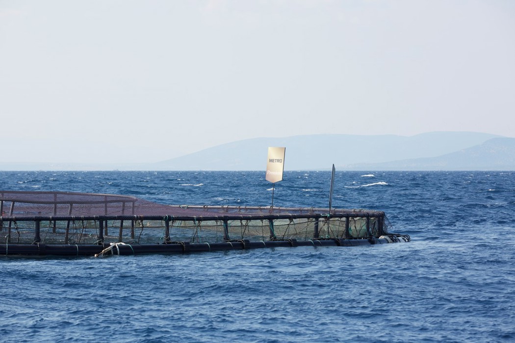 Fish farm at sea with Metro sign